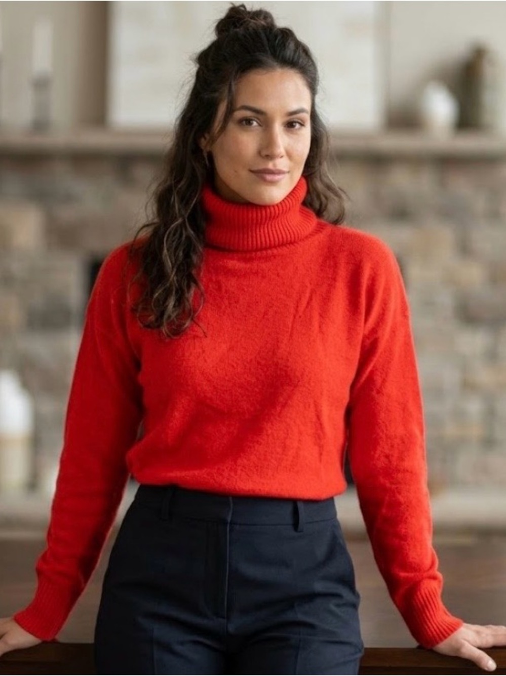 Designer images Bright Red Men's Turtleneck Sweater 100% cashmere size S